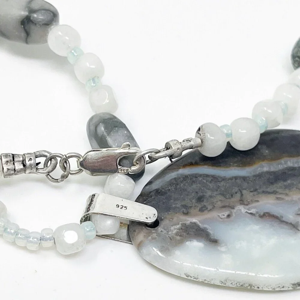 Artisan 925 Sterling Silver Banded Agate Stone Pendant Statement Necklace